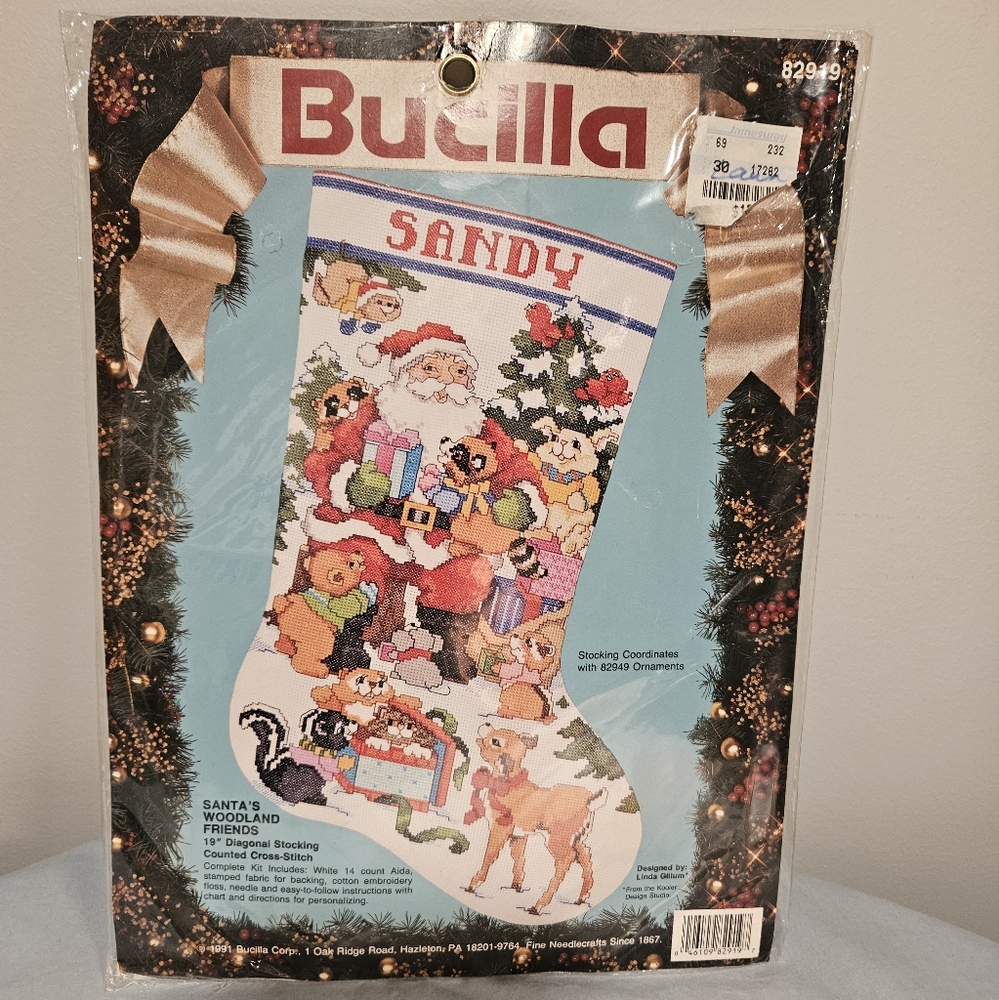 Vintage Bucilla Santa’s Woodland Friends Christmas Stocking Counted Cross Stitch